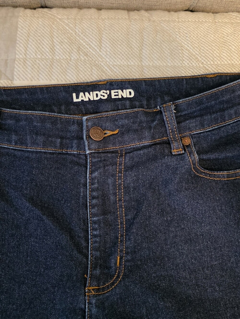 Lands' End Dark Blue Denim Jeans with Contrast Stitching - Picture 2 of 7